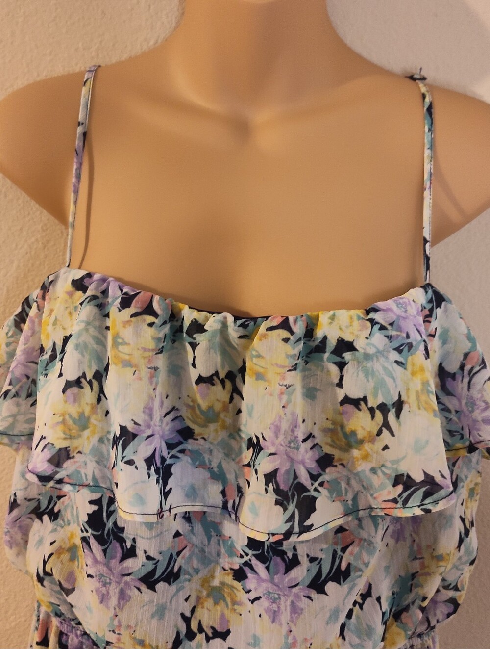 Cottagecore Floral Midi Sundress in Pastel Blues & Lilacs Tiered Ruffles Prairie - Picture 3 of 13
